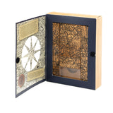 Inside view of box showing map decoration on inside cover
