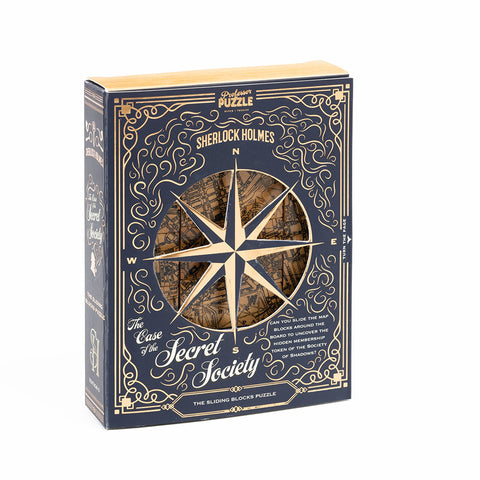 Image of box front for the sliding map block puzzle, box is dark blue with golden compass in centre over inset showing puzzle with embellishments around the sides